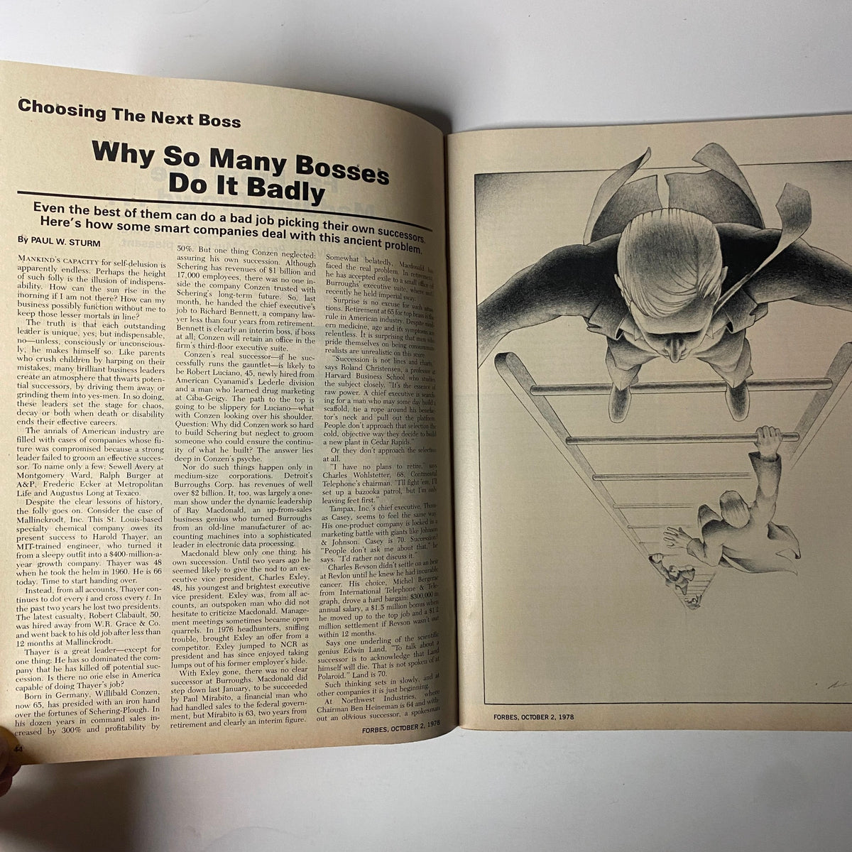 Forbes Magazine October 2, 1978: Feature article titled 'Choosing The Next Boss', discussing challenges in selecting successors in corporate leadership.