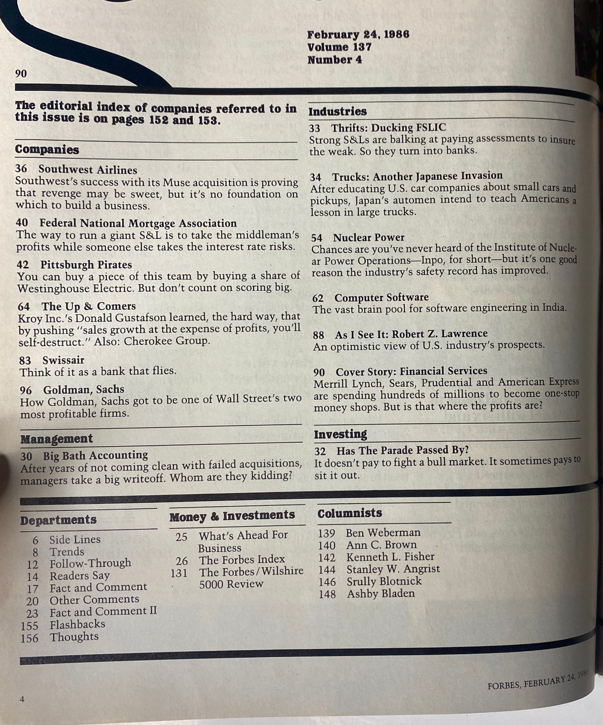 Editorial index page from Forbes Magazine, February 24, 1986, highlighting companies and industries featured in this issue.