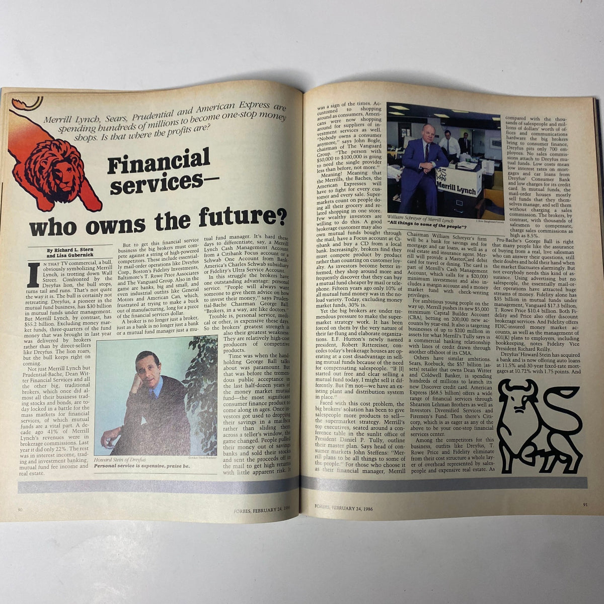 Article page from Forbes Magazine, February 24, 1986, titled 'Financial services—who owns the future?' featuring analysis of major companies like Merrill Lynch and American Express.