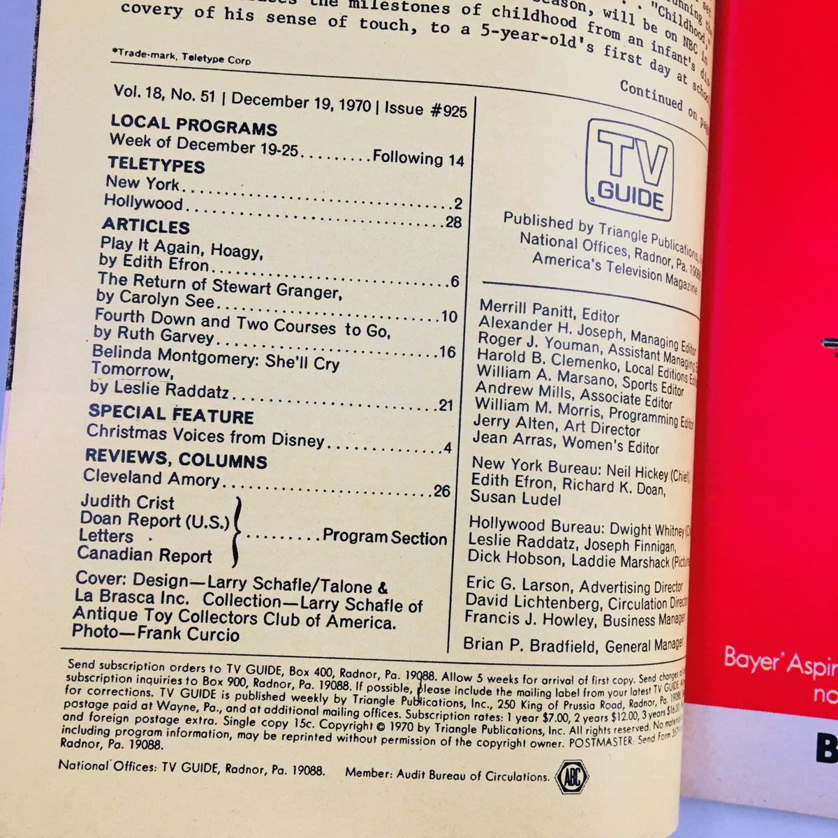 Inside page of TV Guide December 19 1970 Vol 18 #51 showing contents and details about local programs, articles, and reviews, reflecting television history.