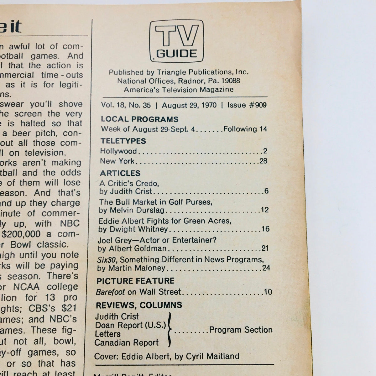 Inside layout of TV Guide August 29 1970 Vol 18 #35, highlighting featured articles and listings, including content about Eddie Albert.