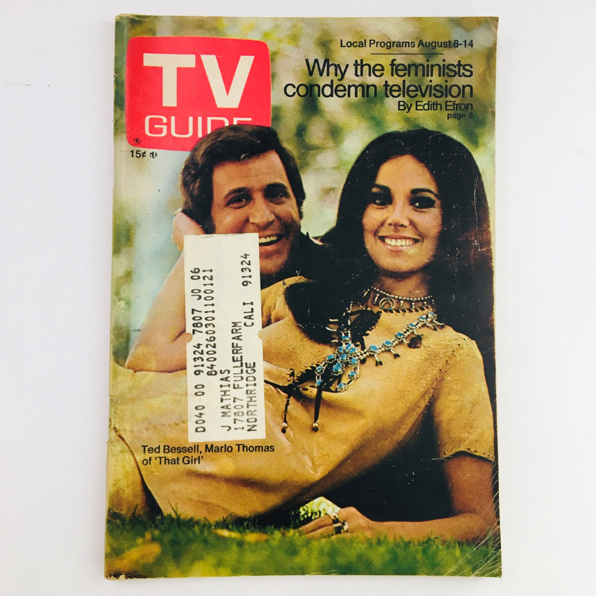 TV Guide August 8 1970 Vol 18 #32 featuring Ted Bessell and Marlo Thomas on the cover, showcasing a vintage magazine from the early 1970s. The magazine includes a price tag, reflecting the era's retro style.
