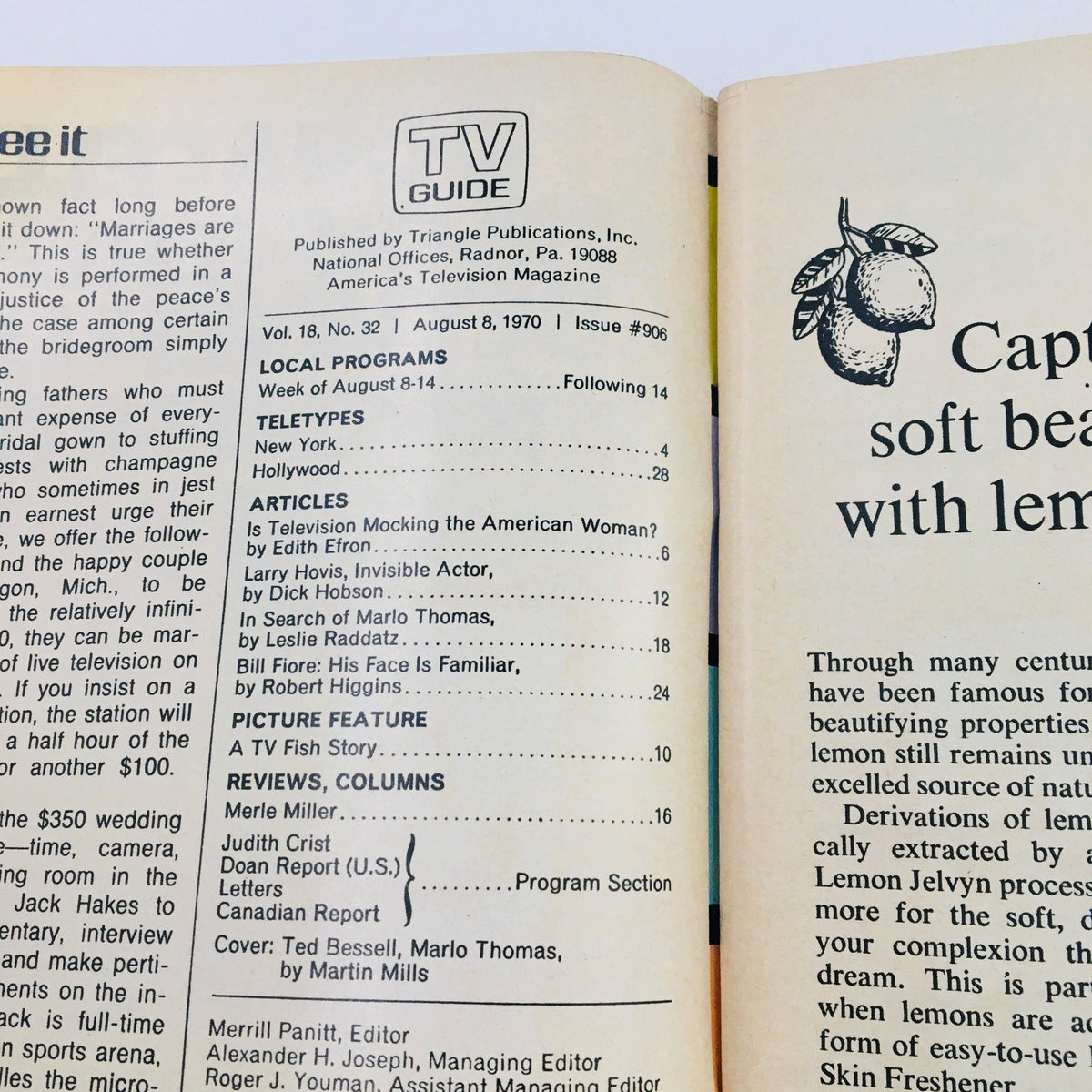 Interior page of the TV Guide from August 8, 1970, Vol 18 #32 featuring a table of contents and articles including 'Is Television Mocking the American Woman?' and 'In Search of Marlo Thomas', alongside the cover details showcasing Ted Bessell and Marlo Thomas.