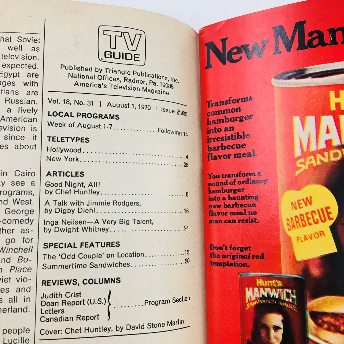 Inside view of TV Guide August 1 1970 Vol 18 #31 with articles and features, including a highlight on Chet Huntley, reflecting popular television programming of the era.