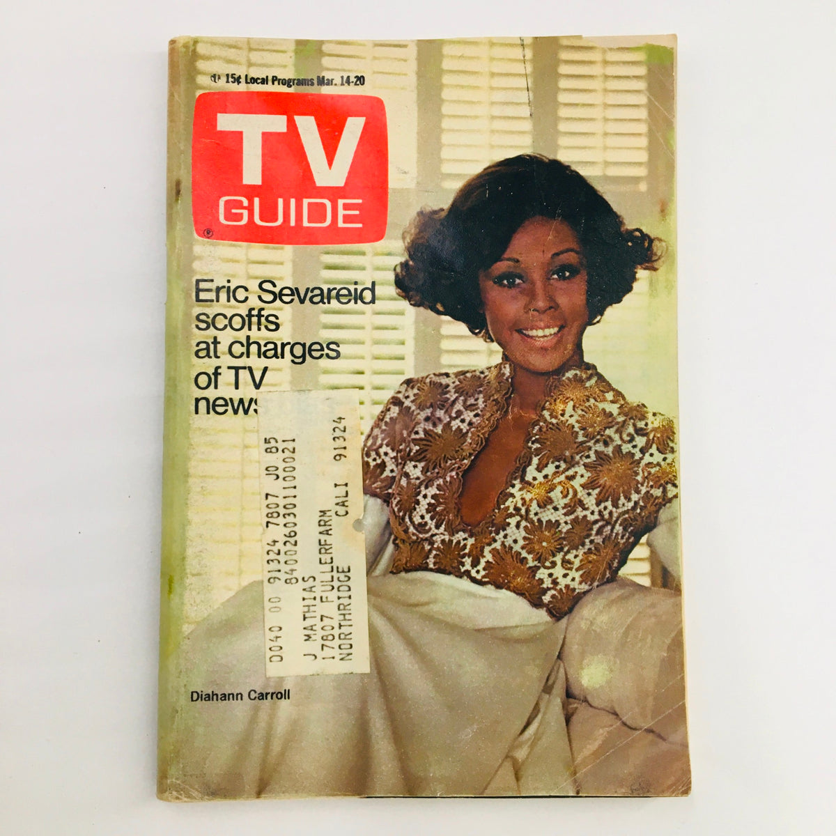 TV Guide March 14 1970 Vol 18 #11 featuring Diahann Carroll on the cover, showcasing her elegant hairstyle and attire, with headlines about Eric Sevareid. The magazine is in good condition with minor wear and an address label.