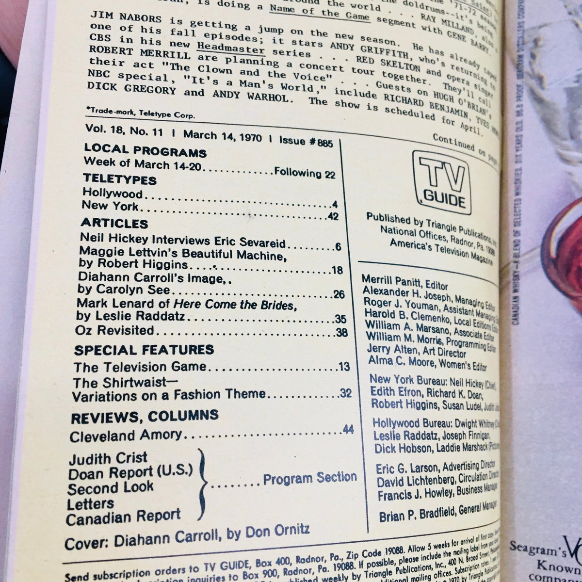 Contents page of TV Guide March 14 1970 Vol 18 #11, featuring articles and special sections related to television programming.