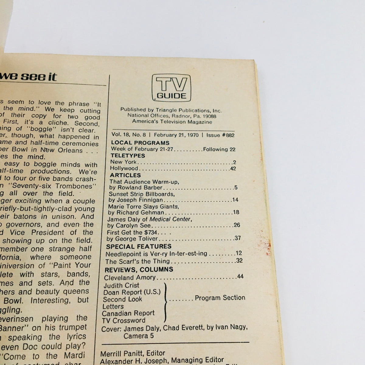 Back cover of the TV Guide February 21 1970, displaying content details and articles including features on James Daly and Chad Everett.