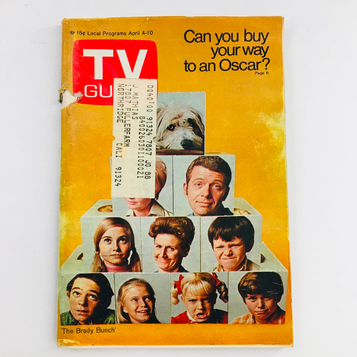 TV Guide April 4 1970 Vol 18 #14 featuring The Brady Bunch on the cover, showcasing various characters' expressions, with a dog, in good condition, featuring an address label and minor wear. Page dedicated to Oscars.