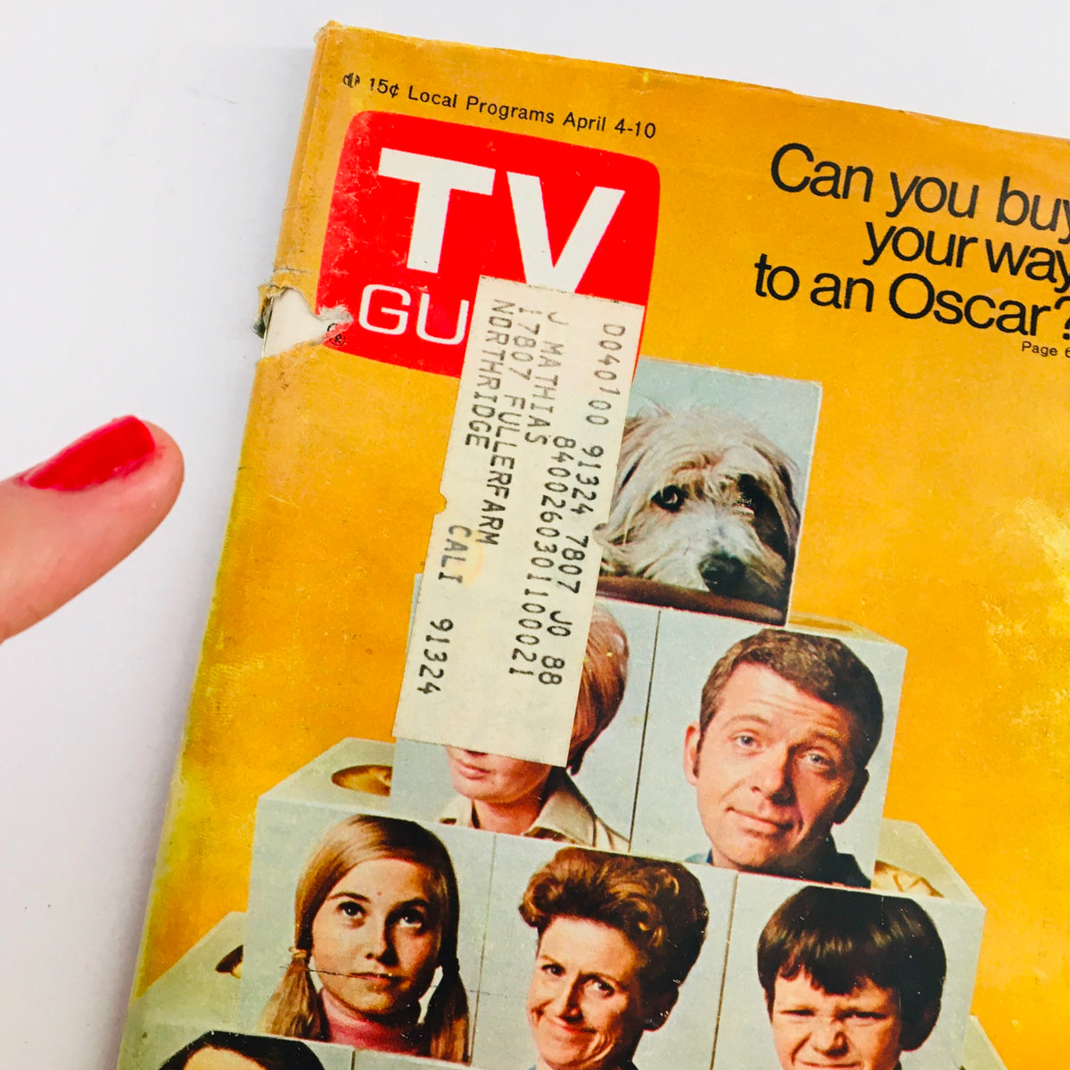 Cover of TV Guide April 4 1970 Vol 18 #14 featuring The Brady Bunch, showing a colorful image with actors' faces and a dog on display, along with an address label.
