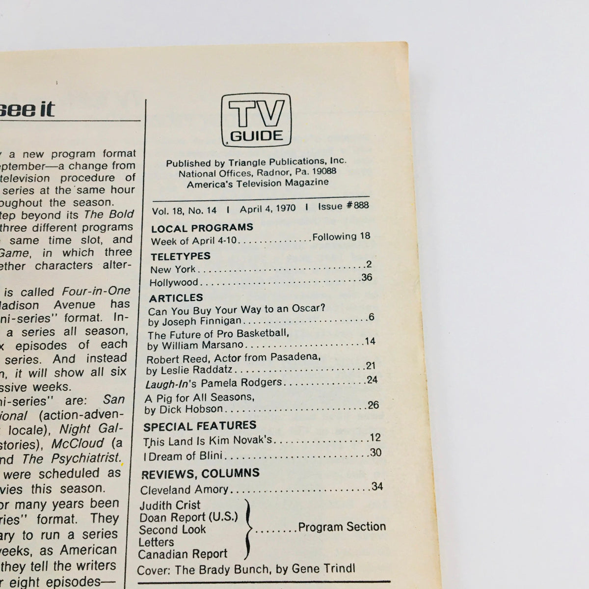 Inside page of TV Guide April 4 1970 Vol 18 #14 listing local programs and articles, published by Triangle Publications.