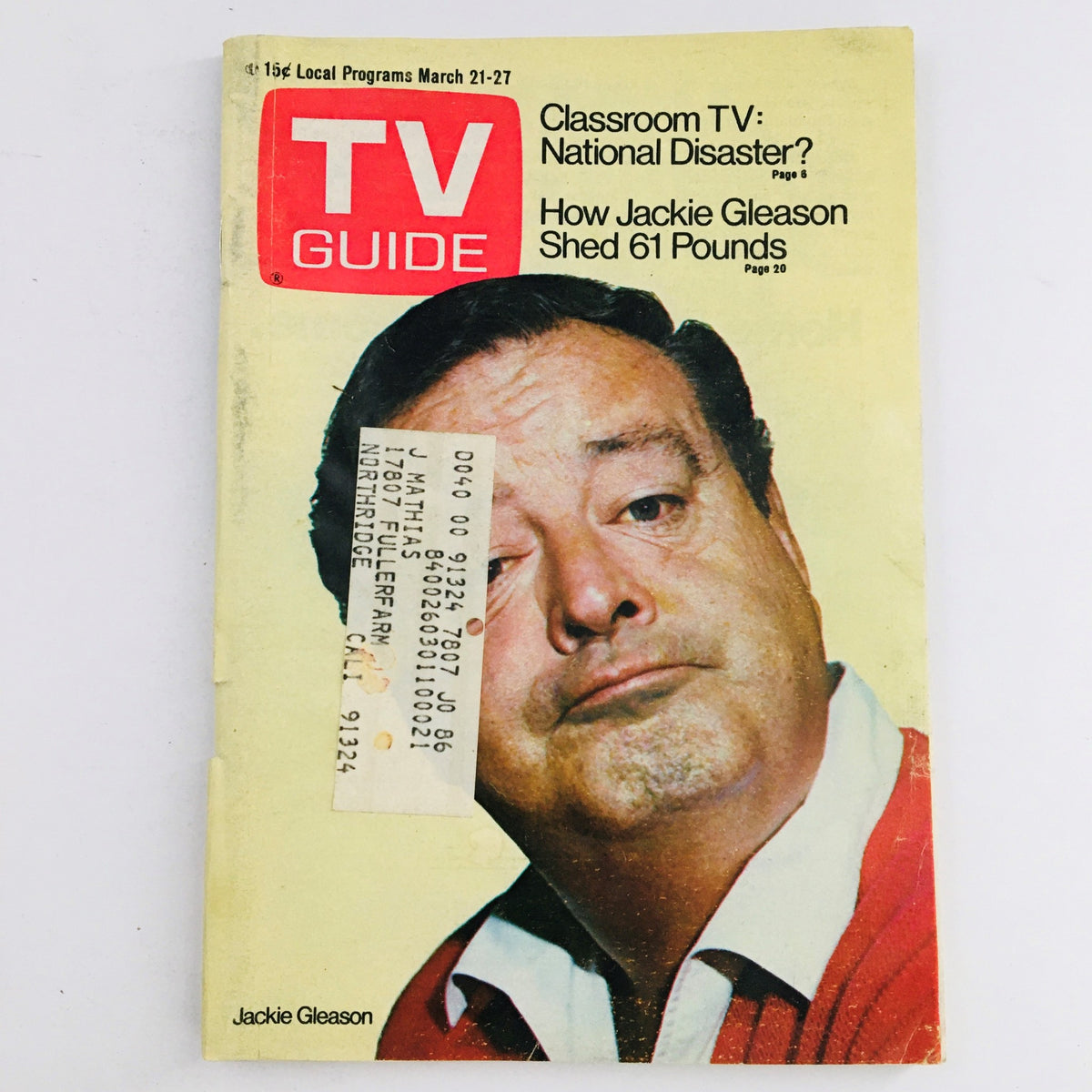 Cover photo of TV Guide March 21 1970, Vol 18 #12 featuring Jackie Gleason, with an address label on front and minor wear.