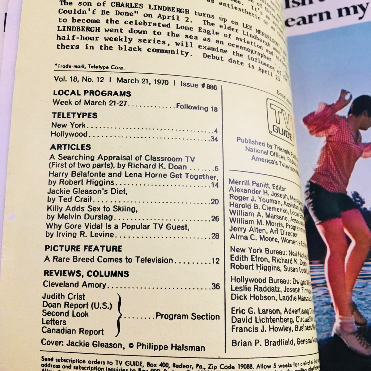 Inside page of TV Guide March 21 1970, Vol 18 #12, outlining local programs and articles including Jackie Gleason's diet.