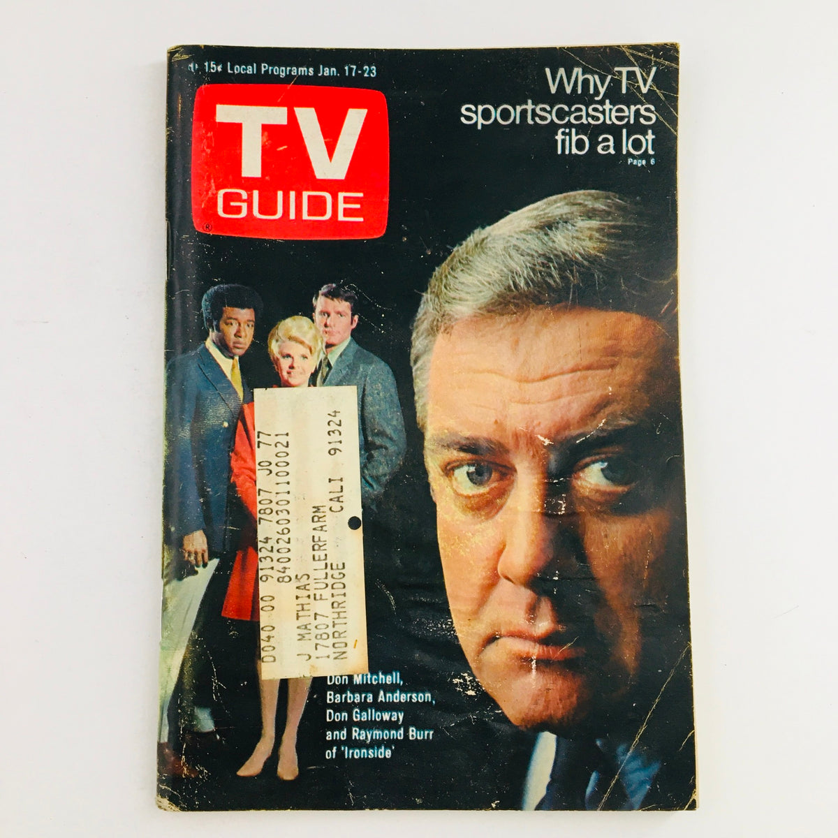 TV Guide January 17 1970 cover featuring the cast of 'Ironside' along with an address label on the front, showcasing vintage television history.