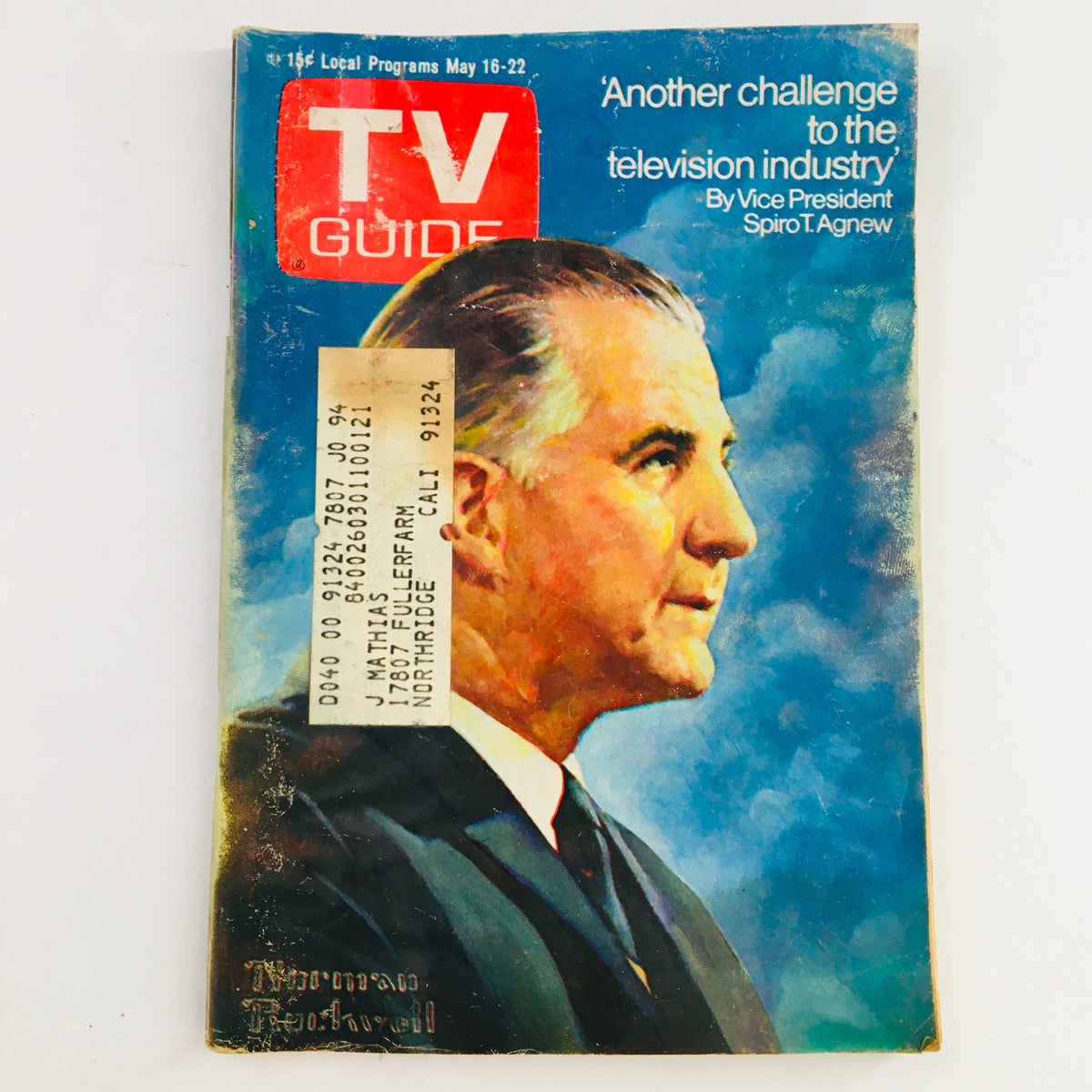 Cover of TV Guide May 16 1970 Vol 18 #20 featuring Vice President Spiro T. Agnew with a portrait of him against a color backdrop.
