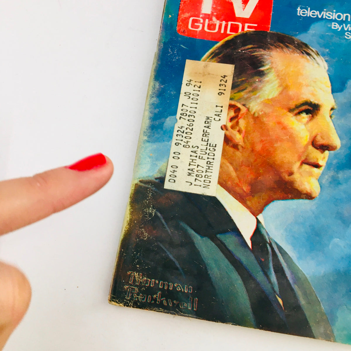 Close-up of the cover of TV Guide May 16 1970 Vol 18 #20, highlighting Vice President Spiro T. Agnew's image and a address label.