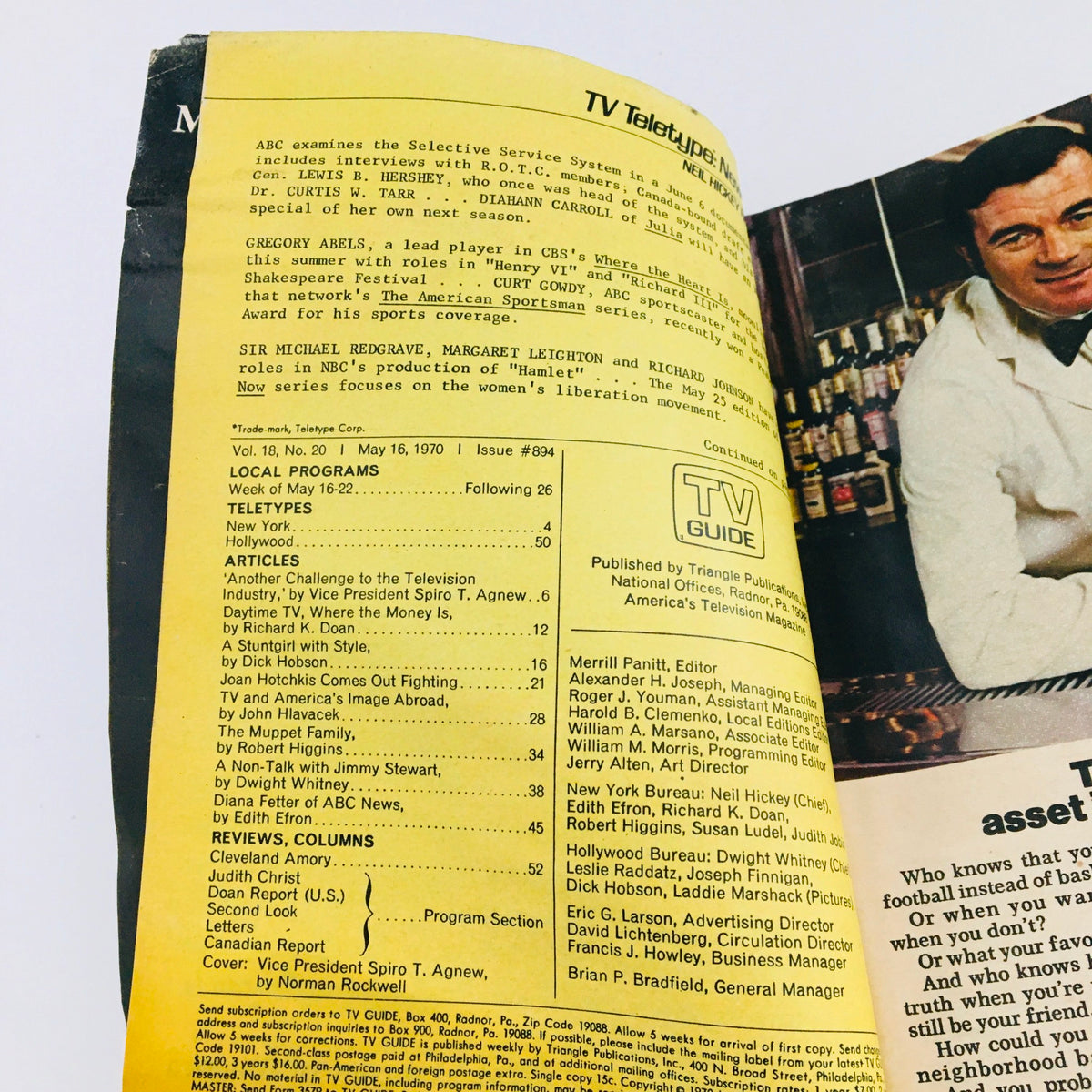 Inside page of TV Guide May 16 1970 Vol 18 #20 showing teletypes and articles, including 'Another Challenge to the Television Industry' by Vice President Spiro T. Agnew.