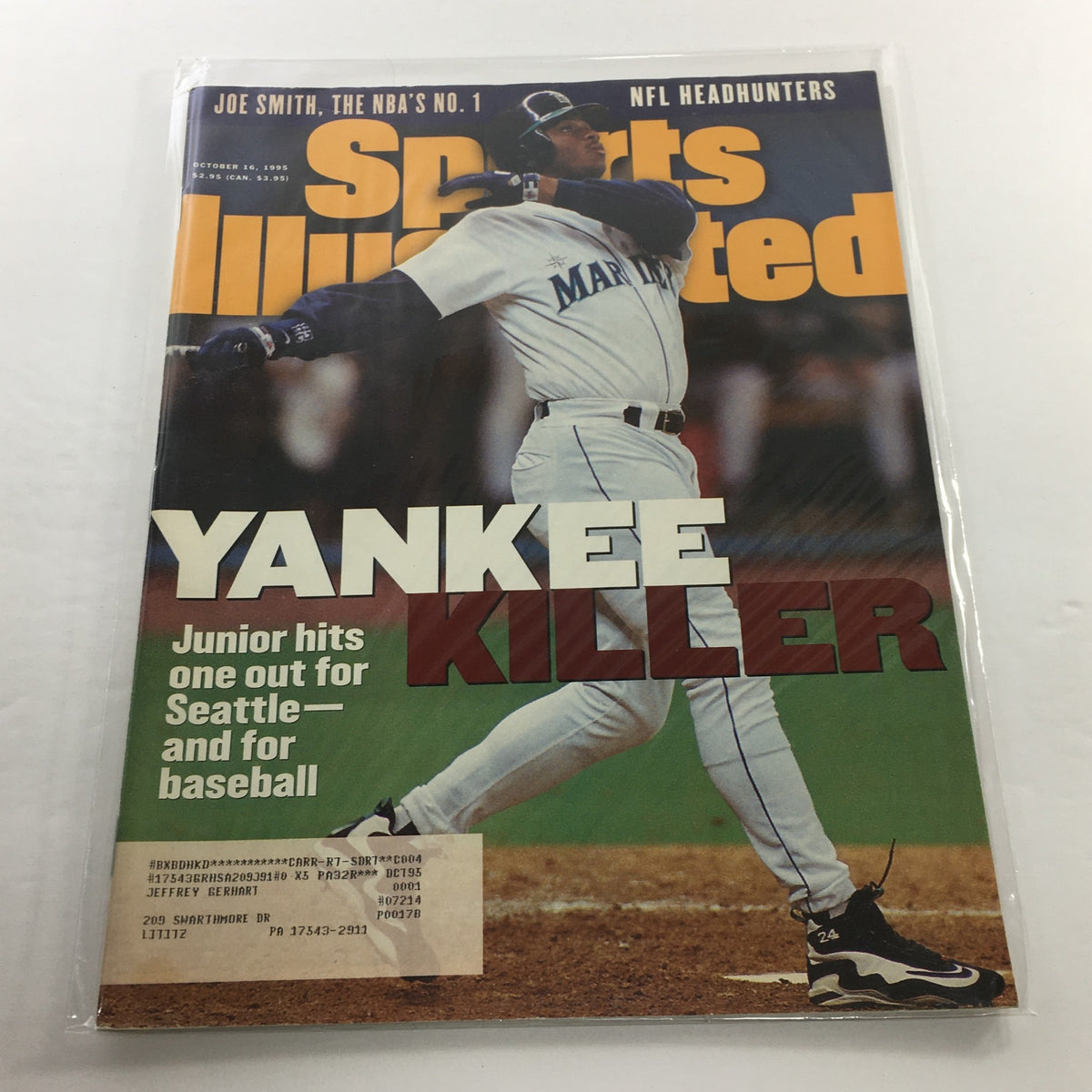 Sports Illustrated cover from October 16, 1995 featuring Ken Griffey Jr. with the title 'Yankee Killer'. The cover highlights his pivotal moment in baseball, showcasing his dynamic batting stance against a vibrant green background.