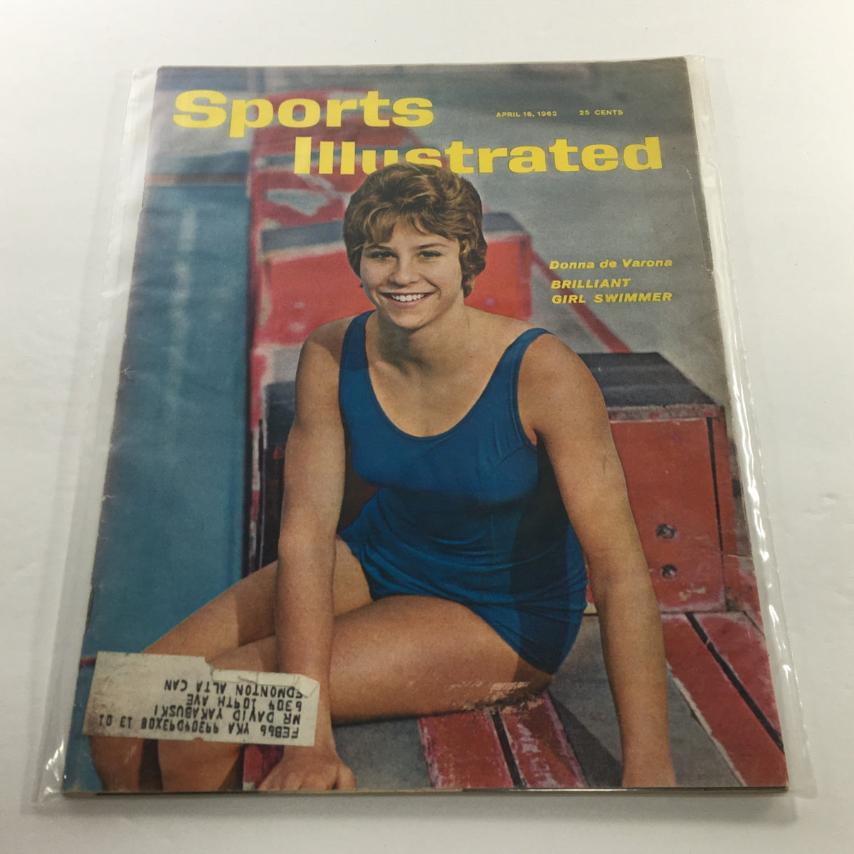 Cover of Sports Illustrated dated April 16, 1962, featuring Donna de Varona, a brilliant girl swimmer, showcasing her smiling portrait while wearing a blue swimsuit.