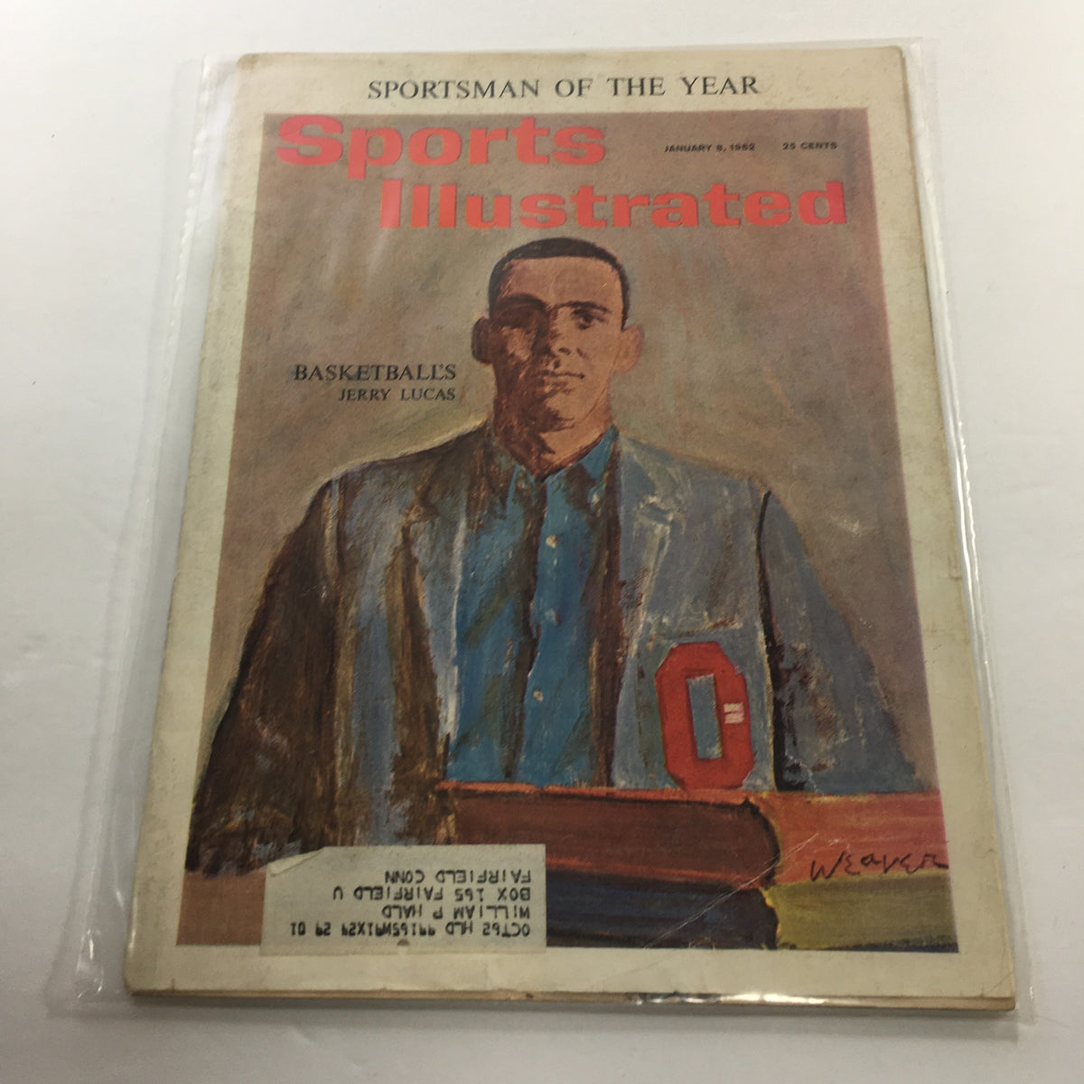 Cover of Sports Illustrated magazine from January 8, 1962 featuring Basketball's Jerry Lucas. The magazine showcases a portrait of Jerry Lucas with a red 'O' on his jacket, signifying his sports achievements. It is protected by plastic covering and displays minor wear.