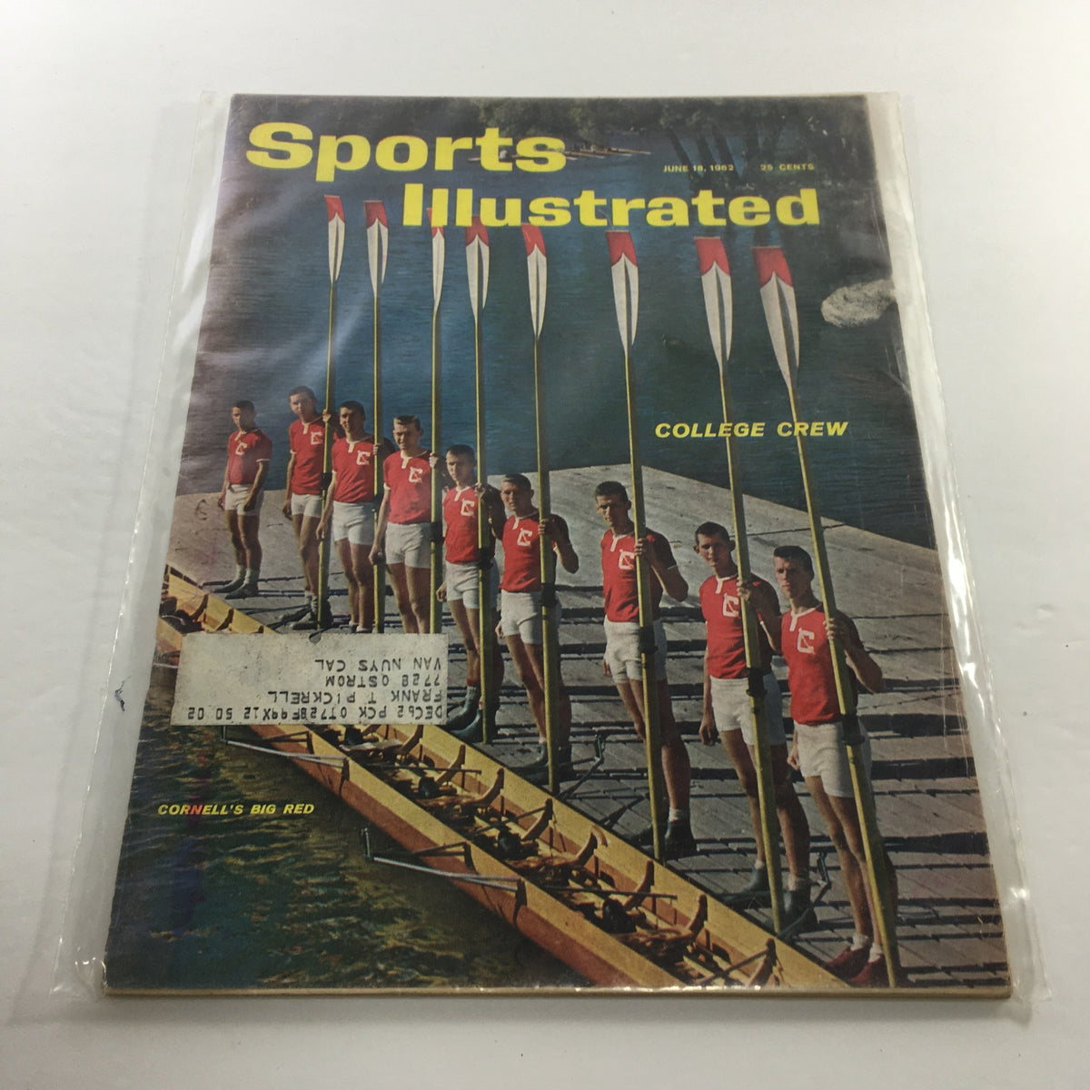 Sports Illustrated magazine from June 18, 1962 featuring College Crew Cornell's Big Red, showcasing rowers in red uniforms by the water with oars, in good condition with minor wear.