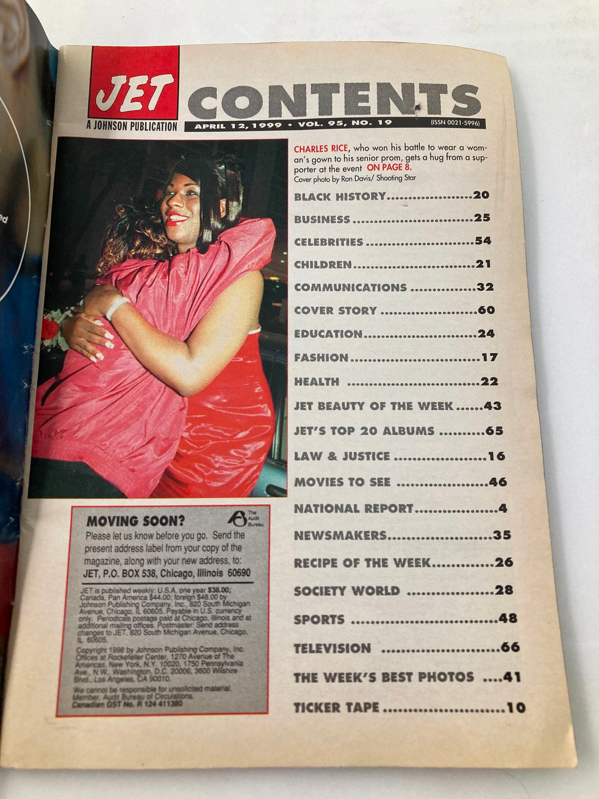 Contents page of Jet Magazine from April 12, 1999, Vol 95 #19 featuring a list of articles including business, celebrities, and health. The title 'JET' is prominently displayed, alongside a photo of a celebratory moment, showcasing the theme of the magazine.