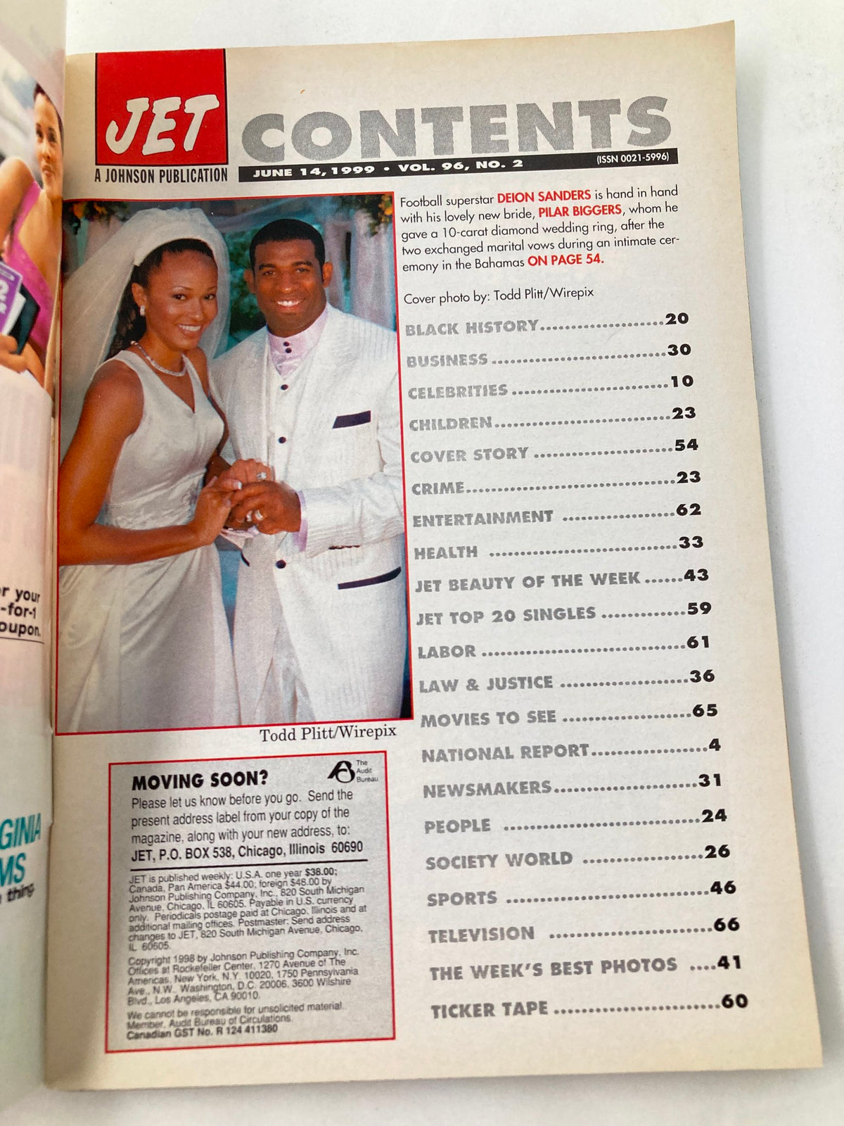 Contents page of Jet Magazine June 14 1999 Vol 96 #2 showcasing the feature on Deion Sanders and Pilar Biggers, with a list of articles including Black history and entertainment.