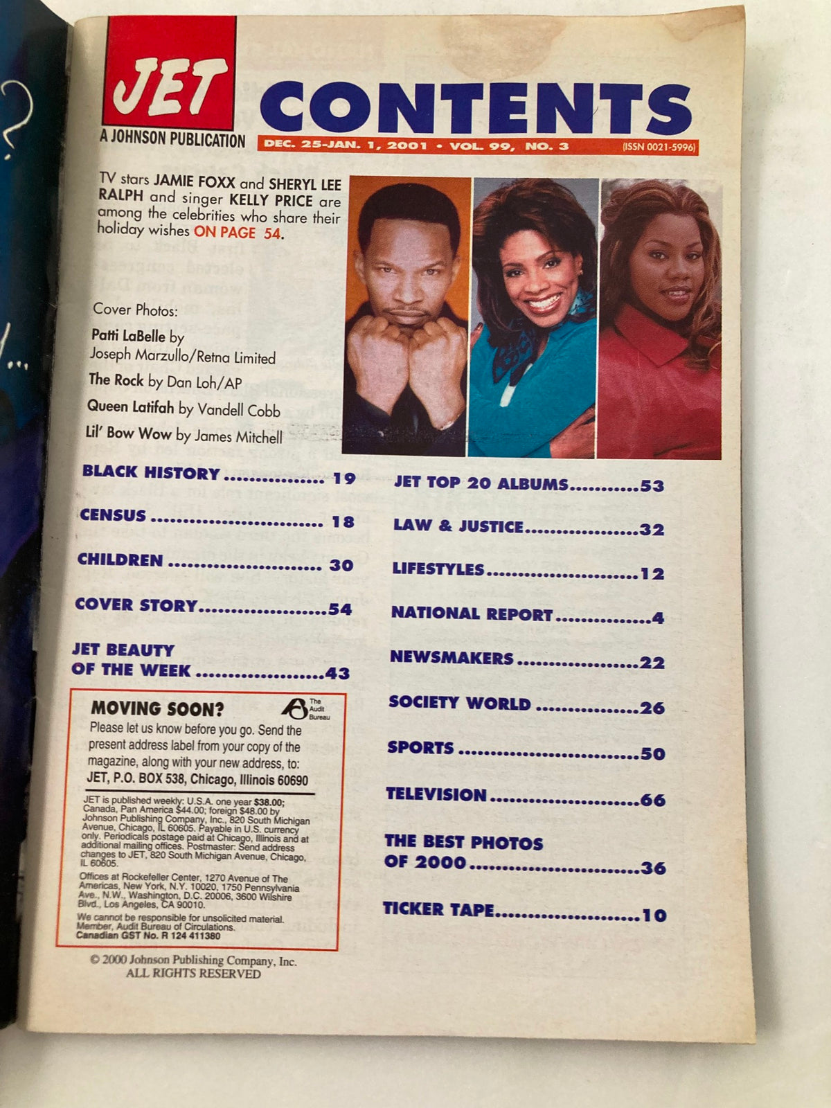 Contents page of Jet Magazine, January 1, 2001, showcasing articles including Dwayne Johnson and Patti LaBelle's contributions.