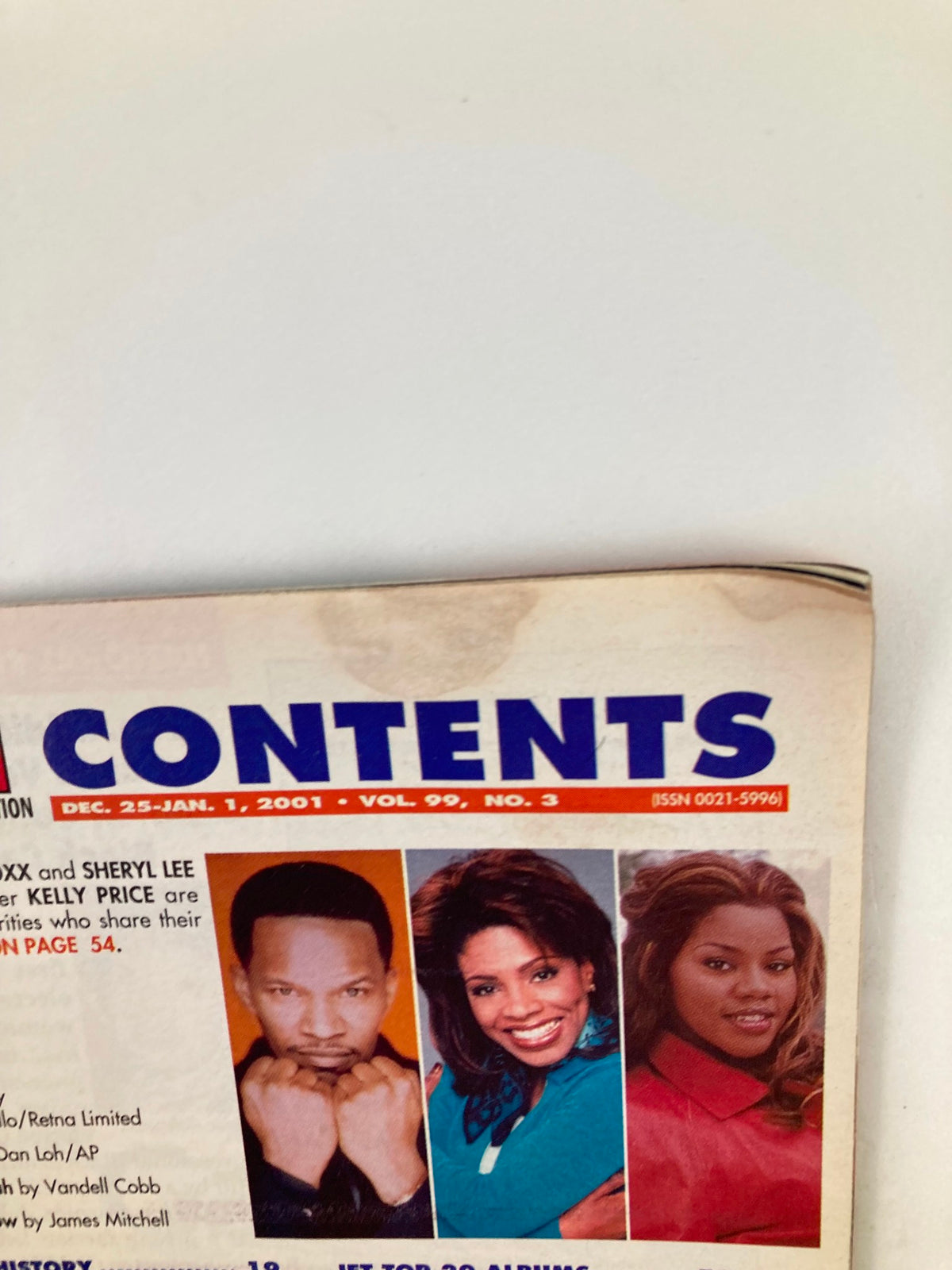 Close-up of the contents section of Jet Magazine, January 1, 2001, featuring notable figures including Patti LaBelle and Queen Latifah.