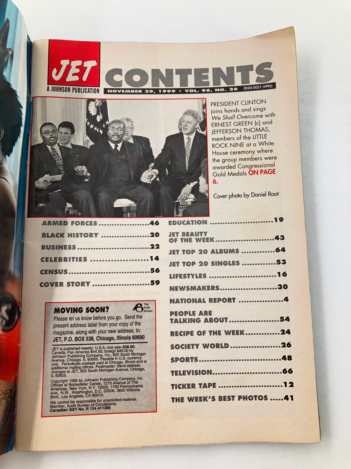 Contents page of Jet Magazine dated November 29, 1999, Vol 96 #26, detailing various articles including a feature on President Bill Clinton.