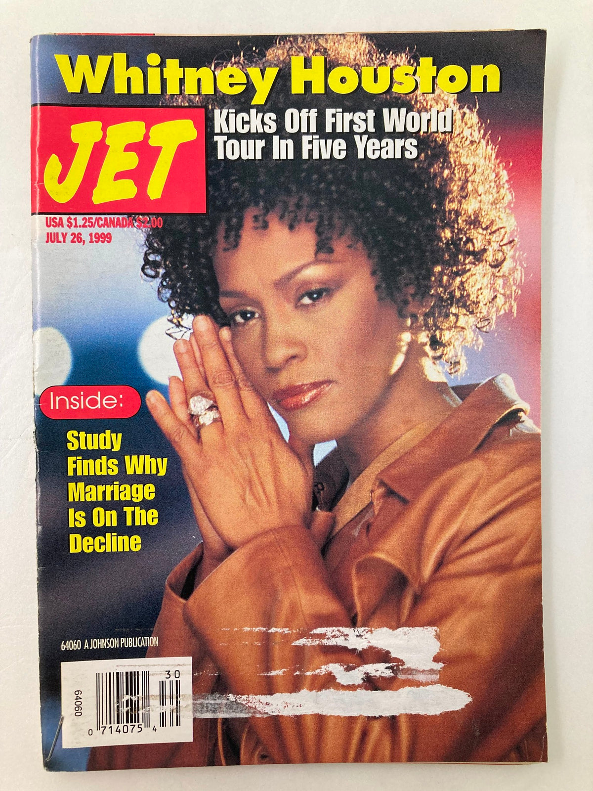 Cover of Jet Magazine, July 26, 1999, featuring Whitney Houston, highlighting her first world tour in five years.
