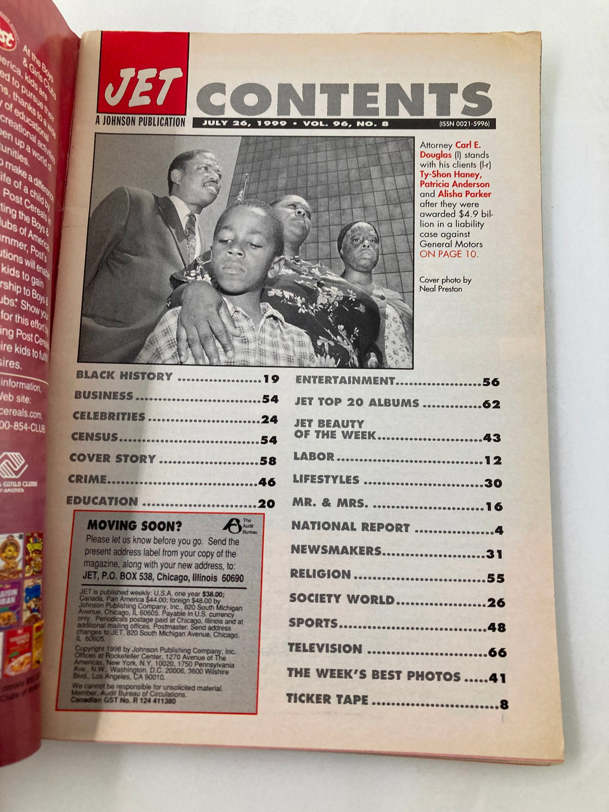 Contents page of Jet Magazine, July 26, 1999, Volume 96, Issue #8, including articles on Black history, business, and entertainment.