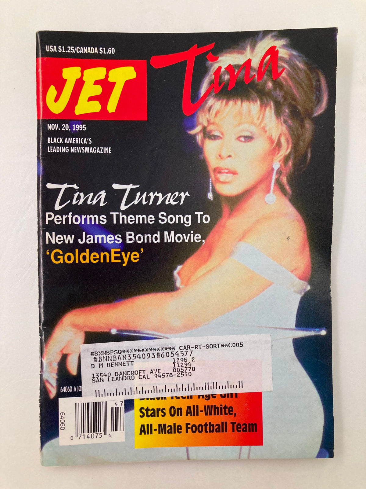 Cover of Jet Magazine, November 20, 1995, Volume 89 #2 featuring Tina Turner, highlighting her performance of the theme song for the James Bond movie 'GoldenEye'.