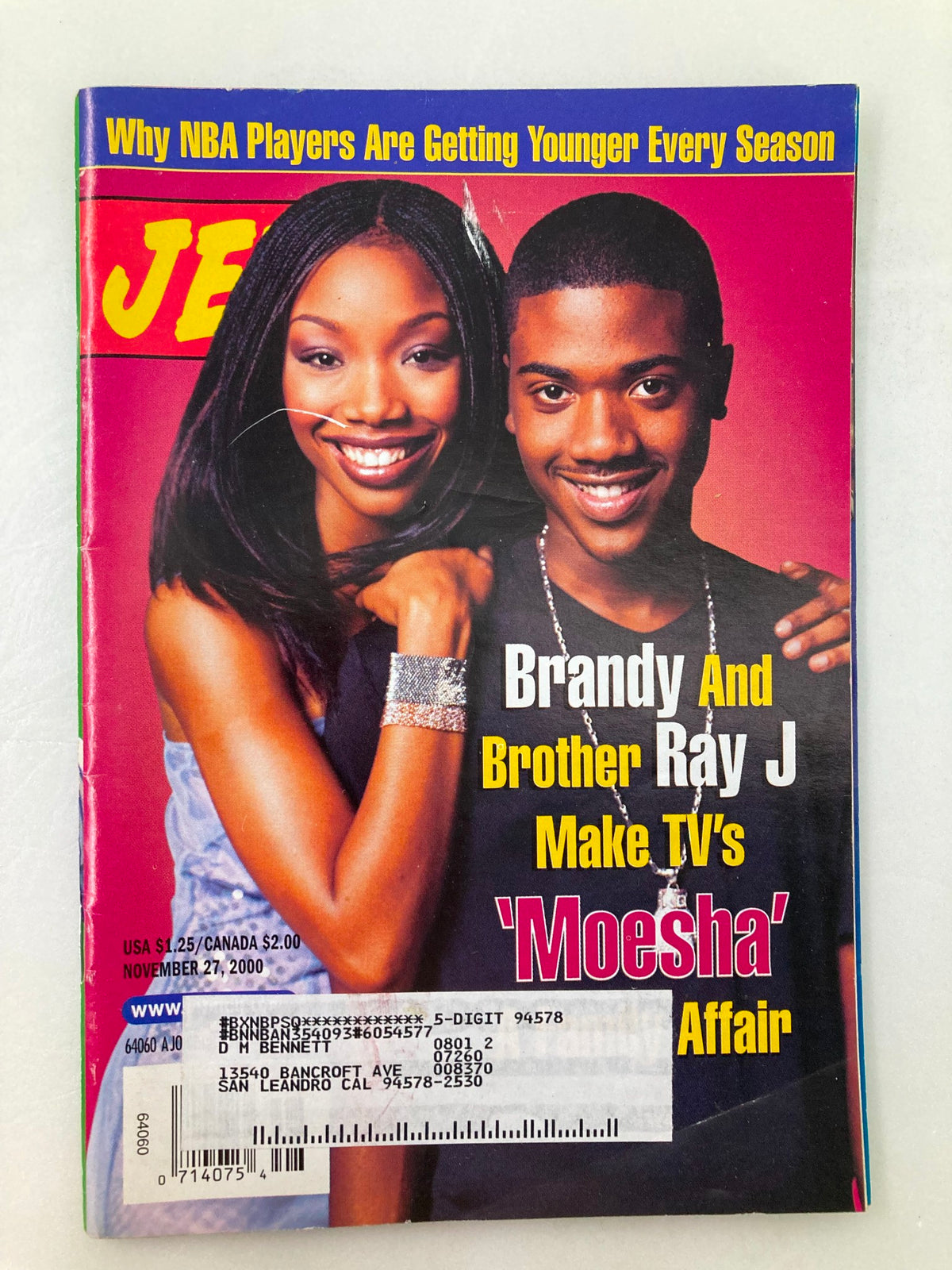 Cover of Jet Magazine November 27 2000 Vol 98 #22 featuring Brandy and Brother Ray J from 'Moesha'.