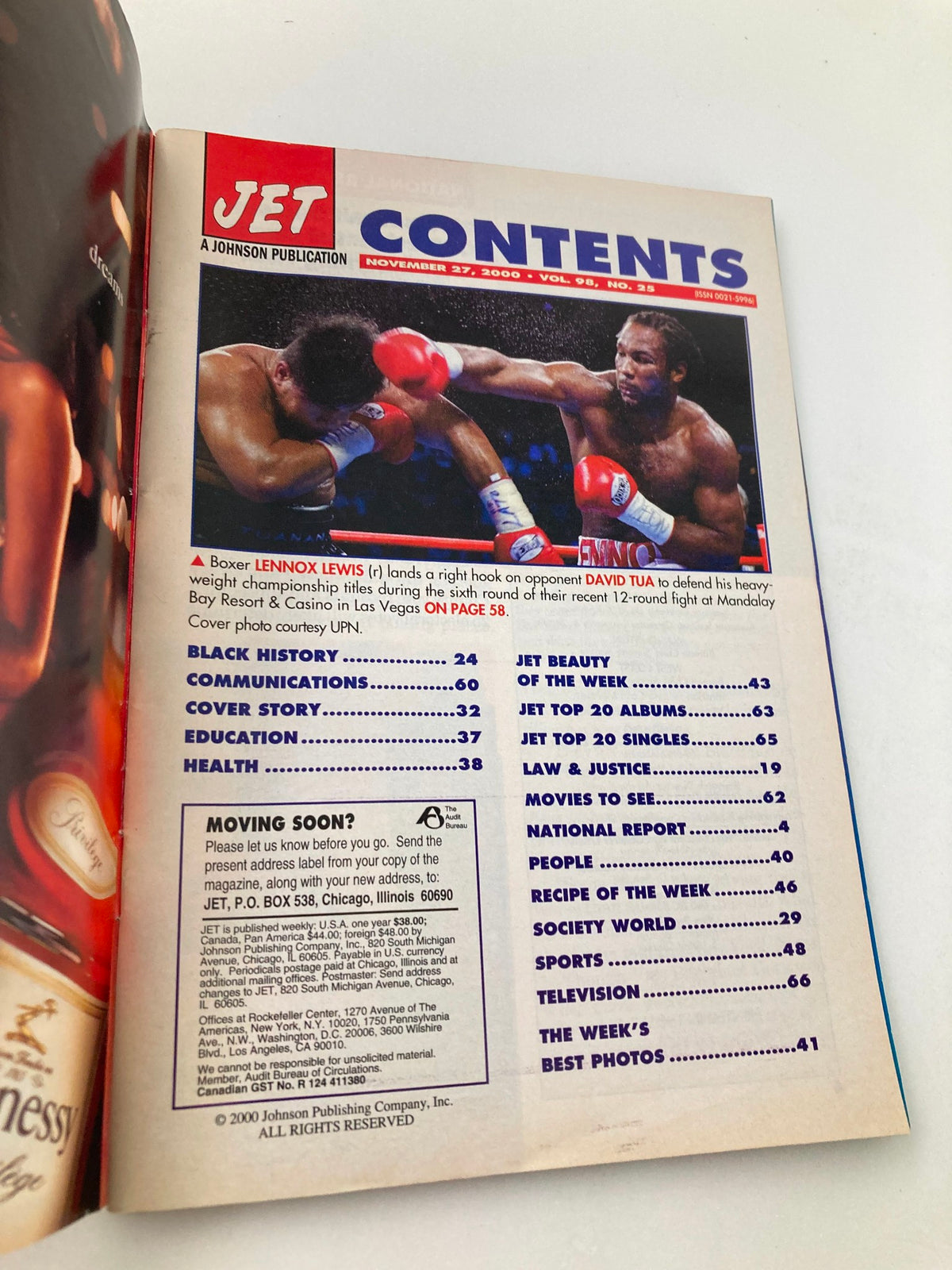 Contents page of Jet Magazine November 27 2000 with articles on basketball, education, health, and television.