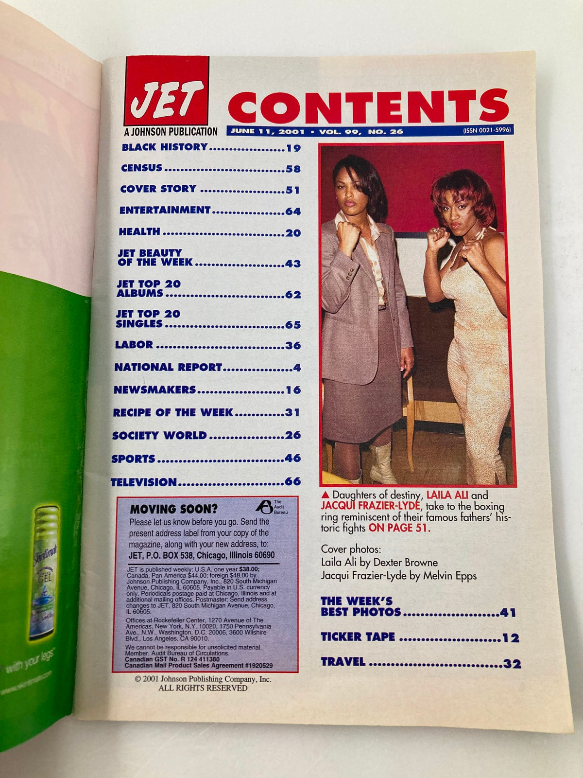 Contents page of Jet Magazine June 11 2001, Vol 99 #26, listing features including Laila Ali and Jacqui Frazier-Lyde, notable figures in boxing.