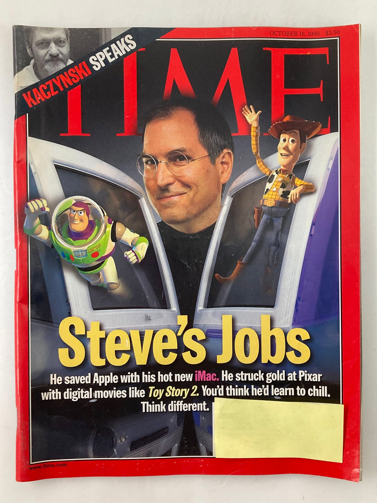 Time Magazine cover from October 18, 1999, featuring Steve Jobs with the title 'He saved Apple with his hot new iMac.' The cover also highlights digital movies like Toy Story 2, showcasing characters Buzz Lightyear and Woody from Pixar.