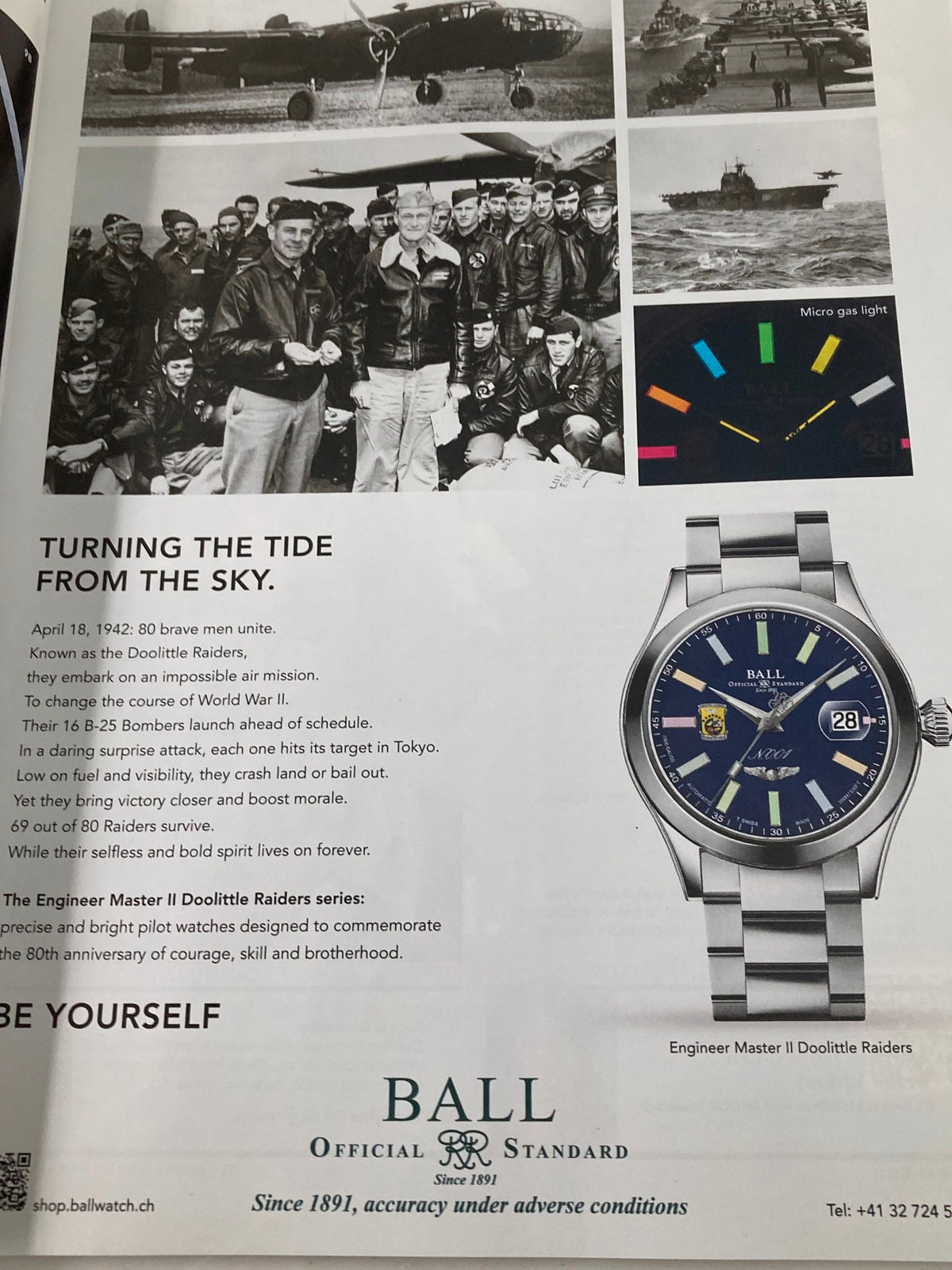 Forbes Magazine December 2022 advertisement for the Ball Engineer Master II Doolittle Raiders watch, commemorating the historical Doolittle Raid during World War II.