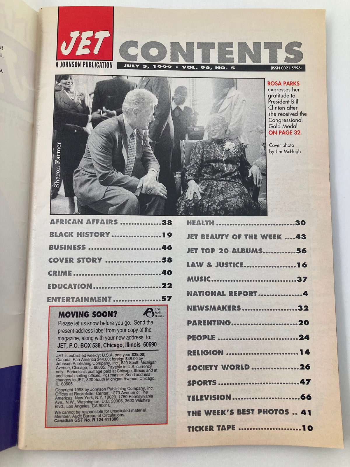 Contents page of Jet Magazine from July 5, 1999, Vol 96 #5, featuring headlines such as 'African Affairs,' 'Black History,' and 'Rosa Parks' gratitude to President Bill Clinton for receiving the Congressional Gold Medal, linked to the article on page 32 of the magazine.