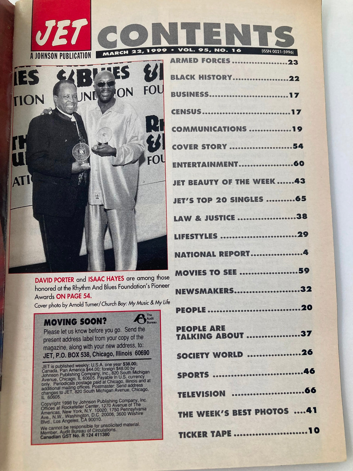 Contents page from Jet Magazine March 22, 1999, listing articles including features on David Porter and Isaac Hayes.
