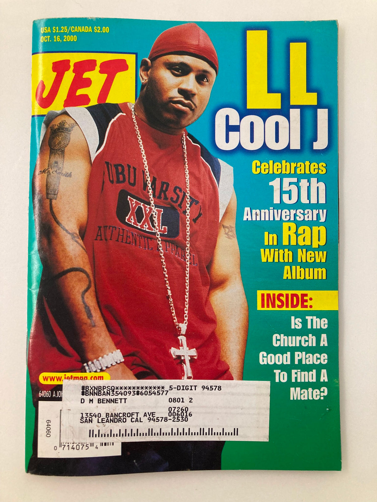 Cover of Jet Magazine, October 16, 2000, featuring LL Cool J celebrating his 15th year in rap. Highlights include a large image of LL Cool J in a red tank top and chain.