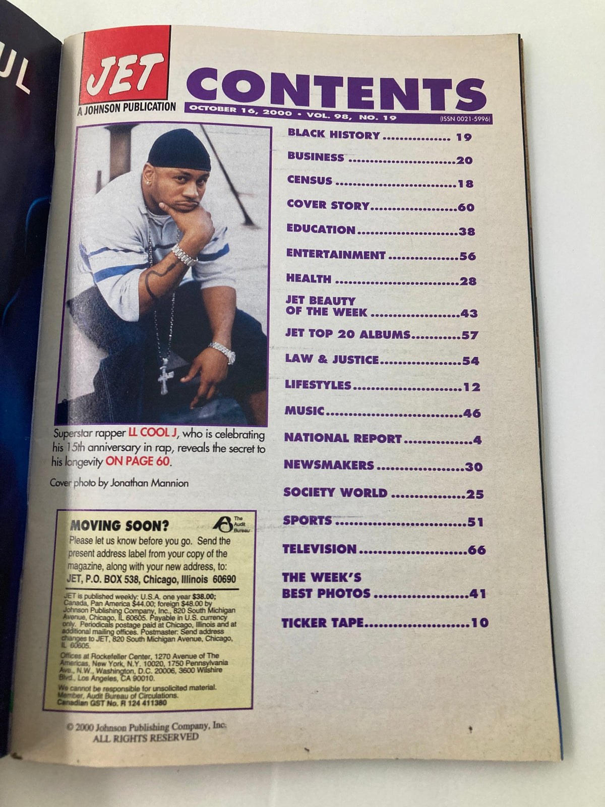 Contents page of Jet Magazine, October 16, 2000, showcasing articles including a feature on LL Cool J's 15th anniversary in rap.