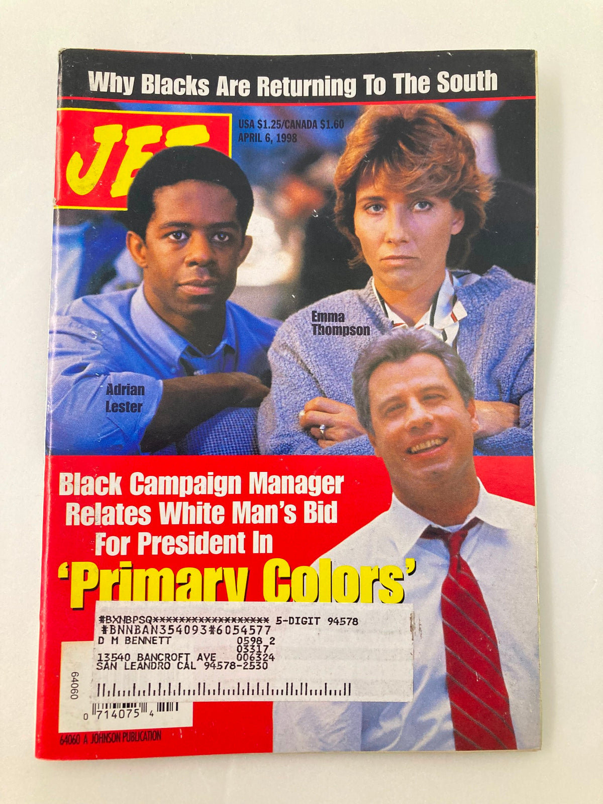 Jet Magazine April 6 1998 cover featuring Adrian Lester, Emma Thompson, and John Travolta with the headline discussing the Black campaign manager for White House bids in 'Primary Colors'.