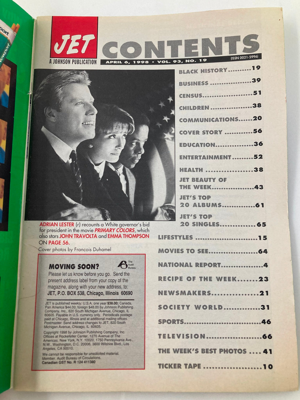 Jet Magazine April 6 1998 contents page showcasing articles including Adrian Lester's recount of the 'Primary Colors' movie and important sections in Volume 93, No. 19.