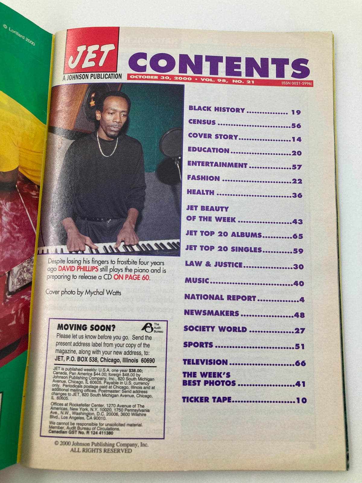Contents page of Jet Magazine, October 30, 2000, Vol 98 #21, listing features including Black History, Entertainment, and Music, with a mention of musician Mychal Watts.