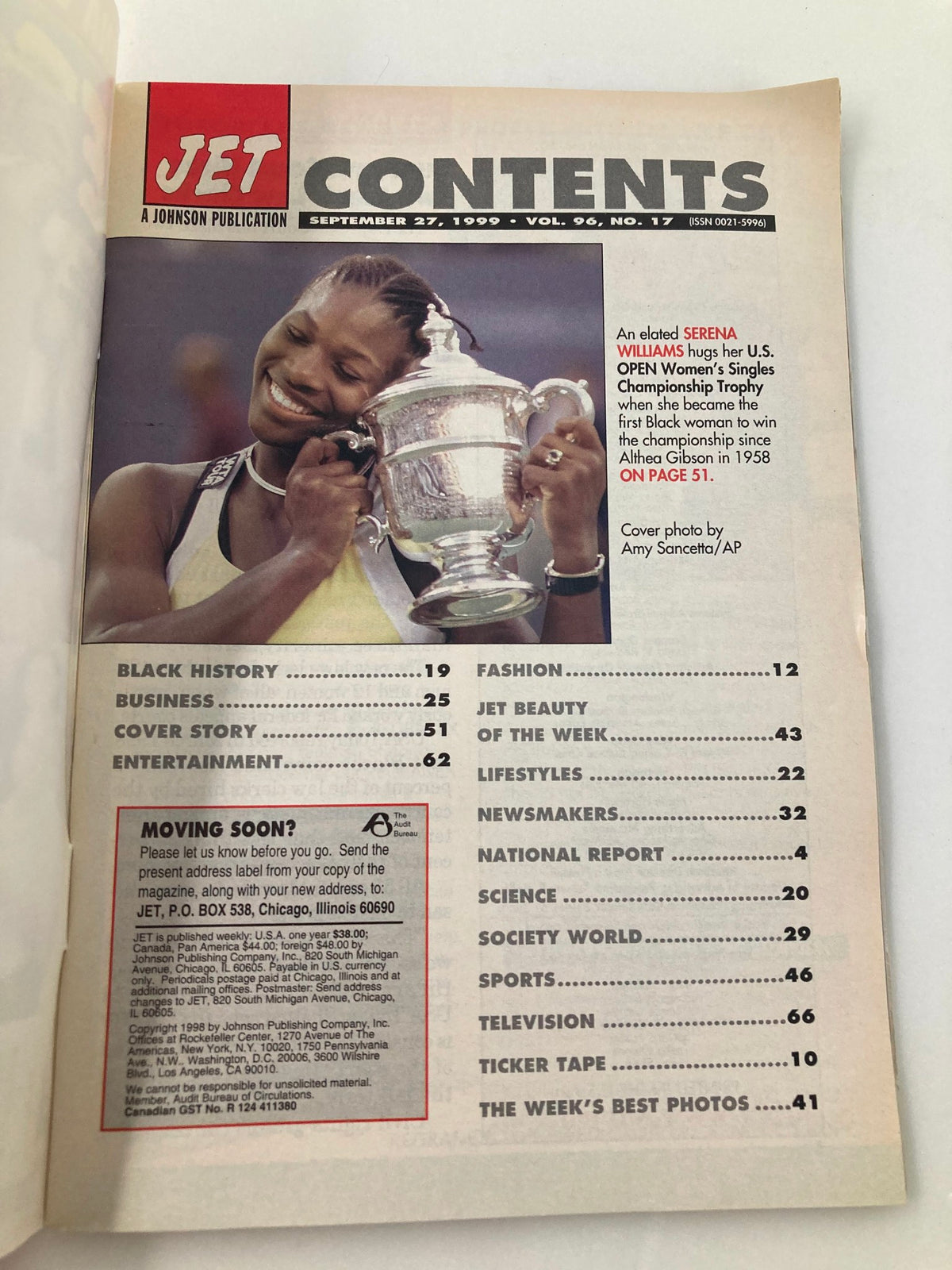 Jet Magazine September 27 1999, Vol 96, No 17 featuring Serena Williams celebrating her U.S. Open Women's Singles Championship win, showcasing the table of contents of the magazine with details of the publication.