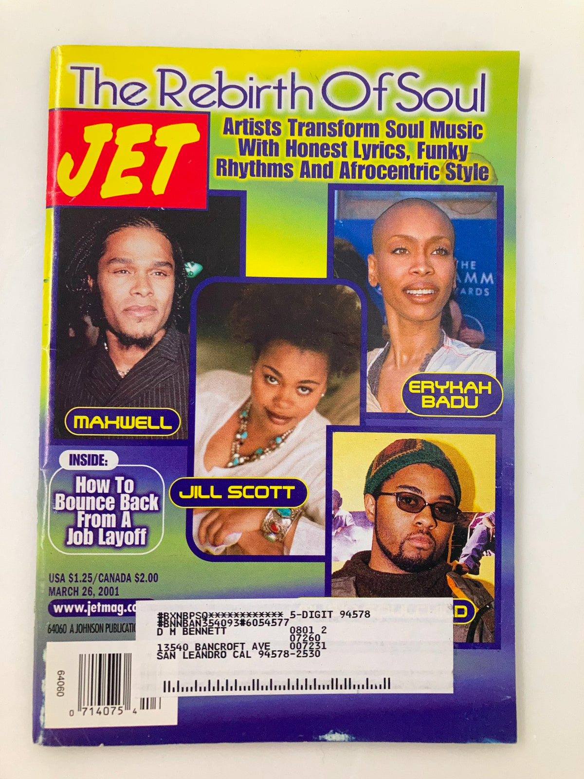 Cover of Jet Magazine March 26, 2001, Vol 99 #15 featuring Maxwell, Jill Scott, and Erykah Badu, highlighting artists transforming soul music with honest lyrics and funky rhythms.