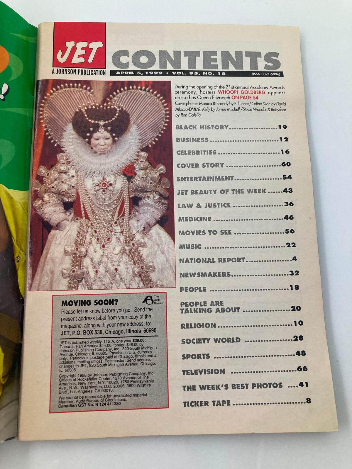 Contents page of Jet Magazine, April 5, 1999, Vol 95 #18 detailing feature articles, including celebs and events, with hostess Whoopi Goldberg image.