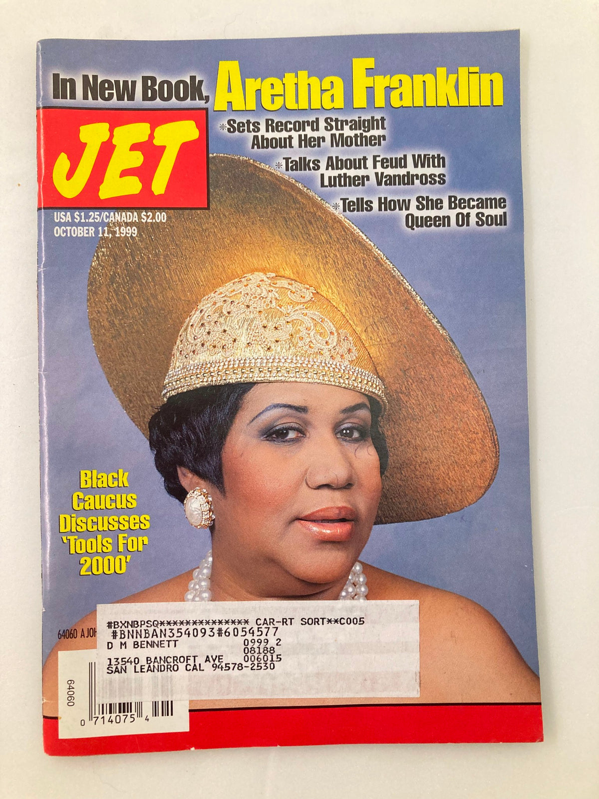 Cover of Jet Magazine, October 11, 1999, Volume 96, Issue 19, featuring Aretha Franklin. The magazine highlights her discussing family and her career with bold text and a striking image of Franklin wearing a large hat and pearls.