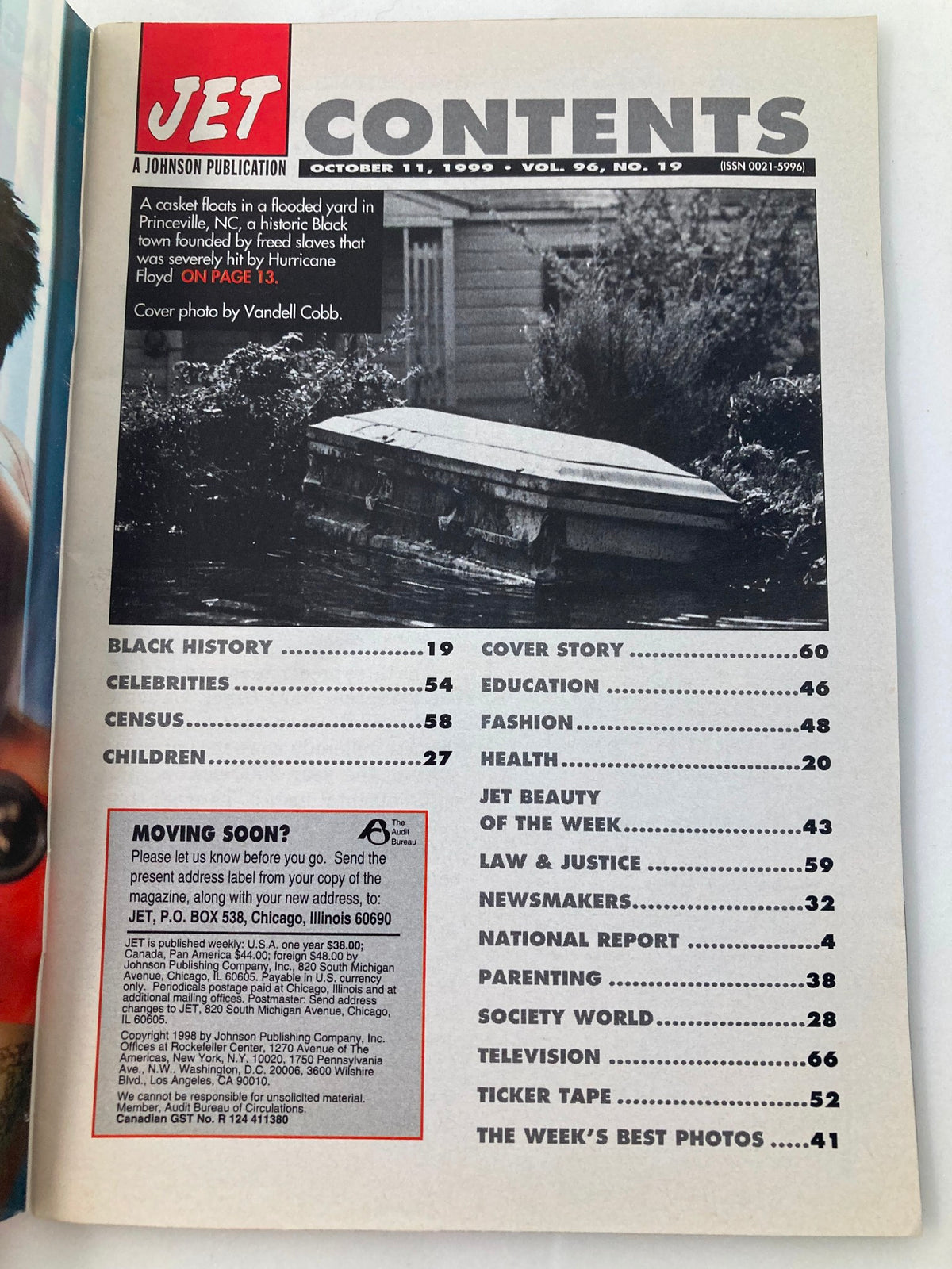 Contents page of Jet Magazine, October 11, 1999, Volume 96, Issue 19. The page outlines various articles including black history and celebrity features with a backdrop showing a flooded casket in a yard.