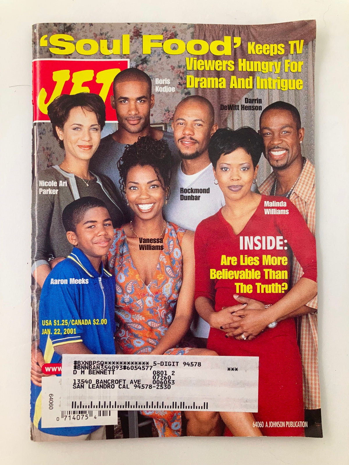 Cover of Jet Magazine dated January 22, 2001, featuring Vanessa Williams and Aaron Meeks, along with a cast of 'Soul Food.' Highlights include the title and address label on the front.